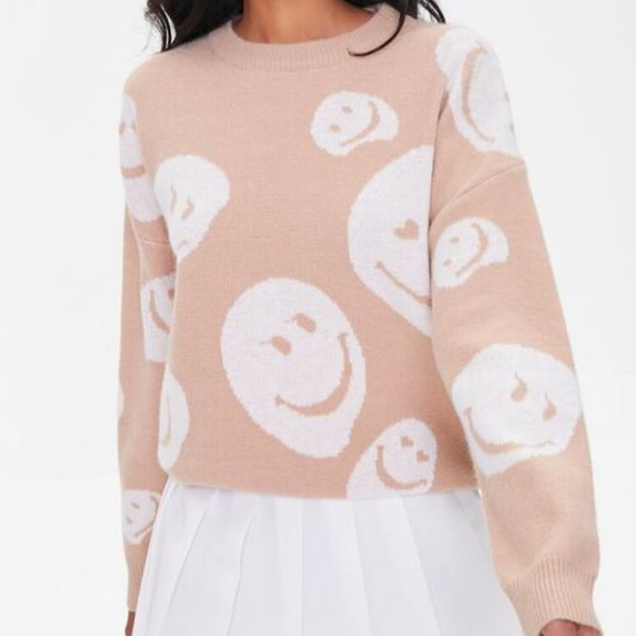 Forever 21 Happy Face Emoji Smile Oversized Knit Sweater Nude White Large NWT 12 - Picture 5 of 6